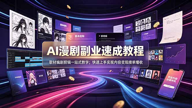 AI漫剧副业速成教程，取材编剧剪辑一站式教学；快速上手实现内容变现接单增收-吾爱云课堂