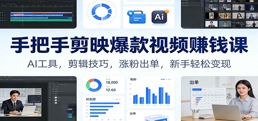 手把手剪映爆款视频赚钱课：AI工具，剪辑技巧，涨粉出单，新手轻松变现-吾爱云课堂