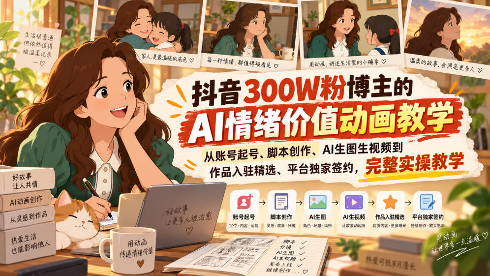 抖音300W粉博主的AI情绪价值动画教学，从账号起号、脚本创作、AI生图生视频到作品入驻精选、平台独家签约，完整实操-吾爱云课堂