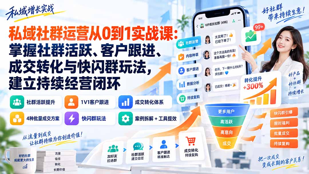 私域社群运营从0到1实战课：掌握社群活跃、客户跟进、成交转化与快闪群玩法，建立持续经营闭环-吾爱云课堂
