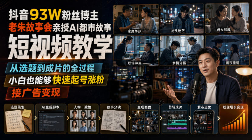 抖音93W粉丝博主老朱故事会亲授AI都市故事短视频教学，从选题到成片的全过程，小白也能够快速起号涨粉接广告变现-吾爱云课堂