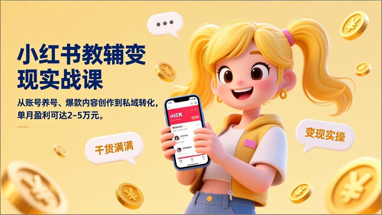 小红书教辅变现实战课，从账号养号、爆款内容创作到私域转化，单月盈利可达2-5万元-吾爱云课堂