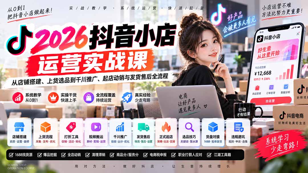 2026抖音小店运营实战课|从店铺搭建、上货选品到千川推广、起店动销与发货售后全流程-吾爱云课堂