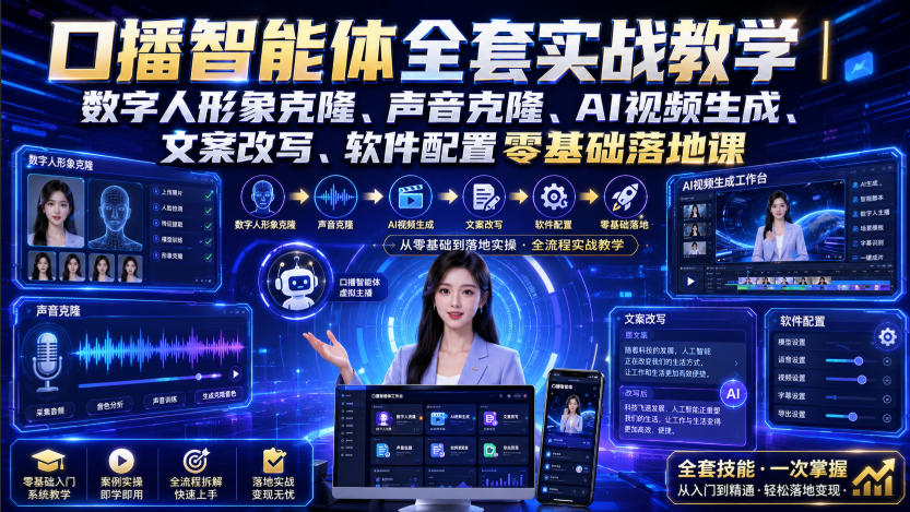 口播智能体全套实战教学｜数字人形象克隆、声音克隆、AI视频生成、文案改写、软件配置零基础落地课-吾爱云课堂
