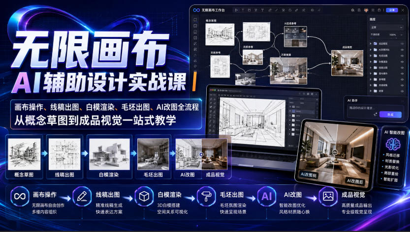 无限画布AI辅助设计实战课｜画布操作、线稿出图、白模渲染、毛坯出图、AI改图全流程，从概念草图到成品视觉一站式教学-吾爱云课堂