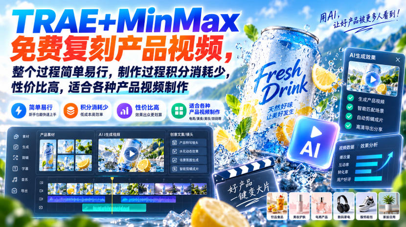 TRAE+MinMax免费复刻产品视频,整个过程简单易行,制作过程积分消耗少,性价比高,适合各种产品视频制作-吾爱云课堂