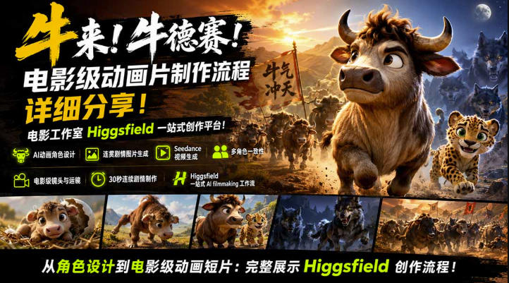 牛来！牛德赛！电影级动画片制作流程详细分享！电影工作室Higgsfield一站式创作平台，完整创作流程-吾爱云课堂