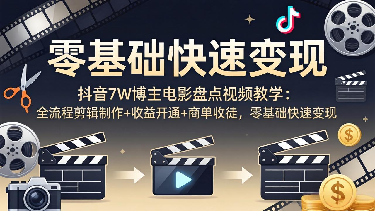 抖音7W博主电影盘点视频教学：全流程剪辑制作+收益开通+商单收徒，零基础快速变现-吾爱云课堂
