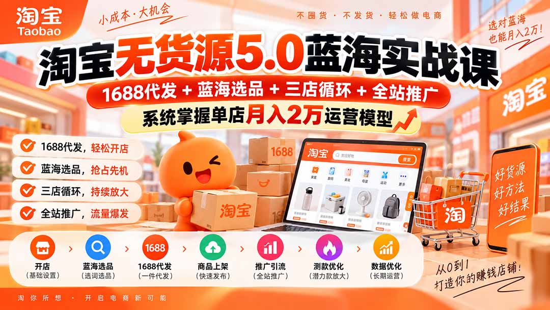 淘宝无货源5.0蓝海实战课-更新0927：1688代发+蓝海选品+三店循环+全站推广，系统掌握单店月入2万运营模型-吾爱云课堂