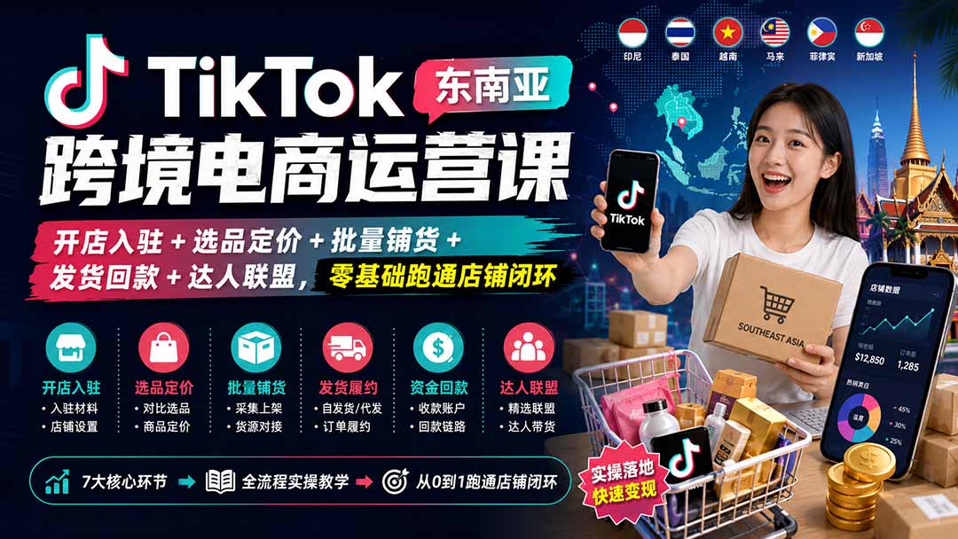 TikTok东南亚跨境电商运营课：开店入驻+选品定价+批量铺货+发货回款+达人联盟，零基础跑通店铺闭环-吾爱云课堂