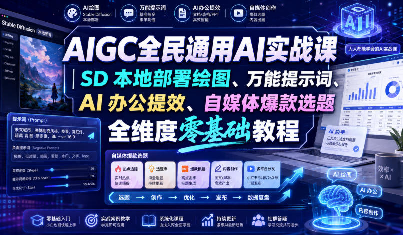 AIGC全民通用AI实战课｜SD本地部署绘图、万能提示词、AI办公提效、自媒体爆款选题全维度零基础教程-吾爱云课堂