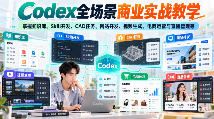 【无水印】Codex全场景商业实战教学，掌握知识库、Skill开发、CAD任务、网站开发、视频生成、电商运营与直播管理等-吾爱云课堂