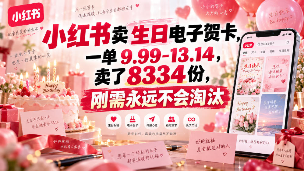 小红书卖生日电子贺卡，一单9.99-13.14，卖了8334份，刚需永远不会淘汰-吾爱云课堂