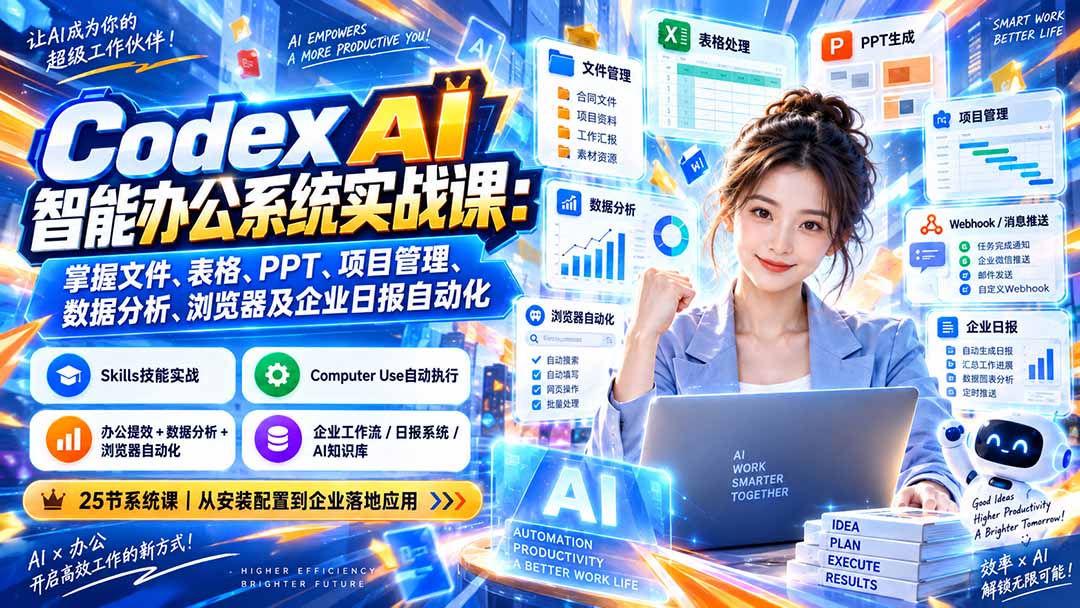 Codex AI智能办公系统实战课：掌握文件、表格、PPT、项目管理、数据分析、浏览器及企业日报自动化-吾爱云课堂