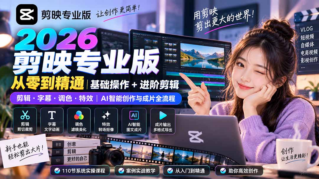 2026剪映专业版从零到精通｜基础操作+进阶剪辑｜剪辑·字幕·调色·特效｜AI智能创作与成片全流程-吾爱云课堂