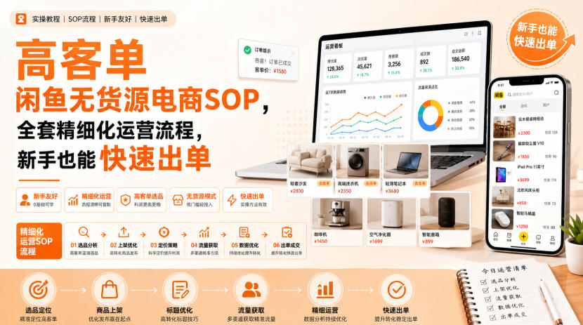 高客单闲鱼无货源电商SOP，全套精细化运营流程，新手也能快速出单-吾爱云课堂