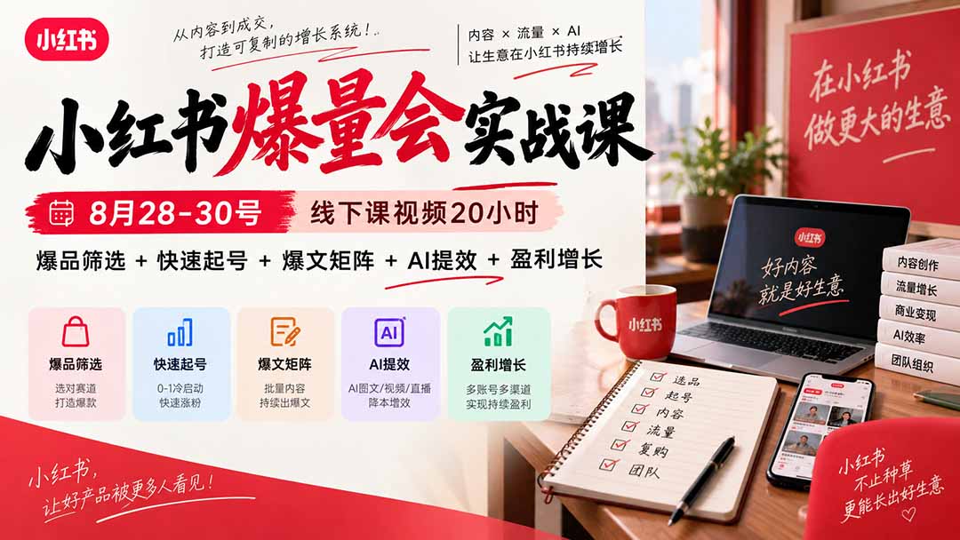小红书爆量会实战课-更新9月23：线下课视频20小时，爆品筛选+快速起号+爆文矩阵+AI提效+盈利增长-吾爱云课堂