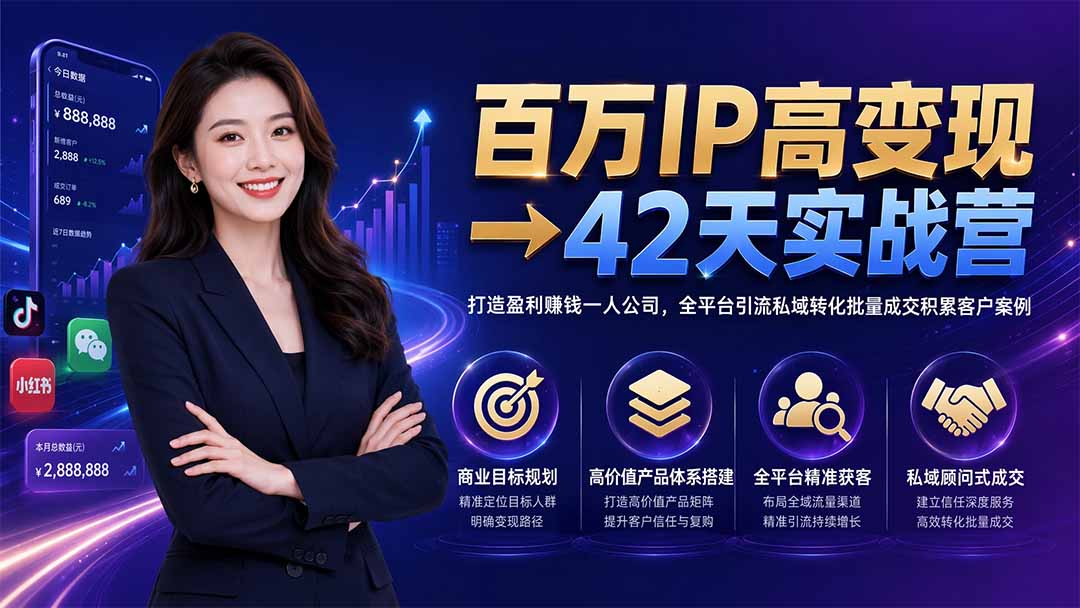 百万IP高变现→42天实战营｜打造盈利赚钱一人公司，全平台引流私域转化批量成交积累客户案例-吾爱云课堂