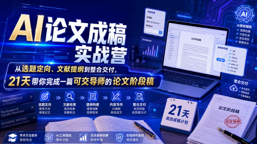 AI论文成稿实战营，从选题定向、文献提纲到整合交付，21天带你完成一篇可交导师的论文阶段稿-吾爱云课堂