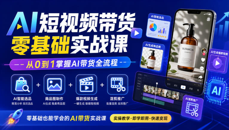 AI短视频带货零基础实战课｜AI智能选品+商品图制作+爆款视频生成+混剪推广，从0到1掌握AI带货全流程-吾爱云课堂
