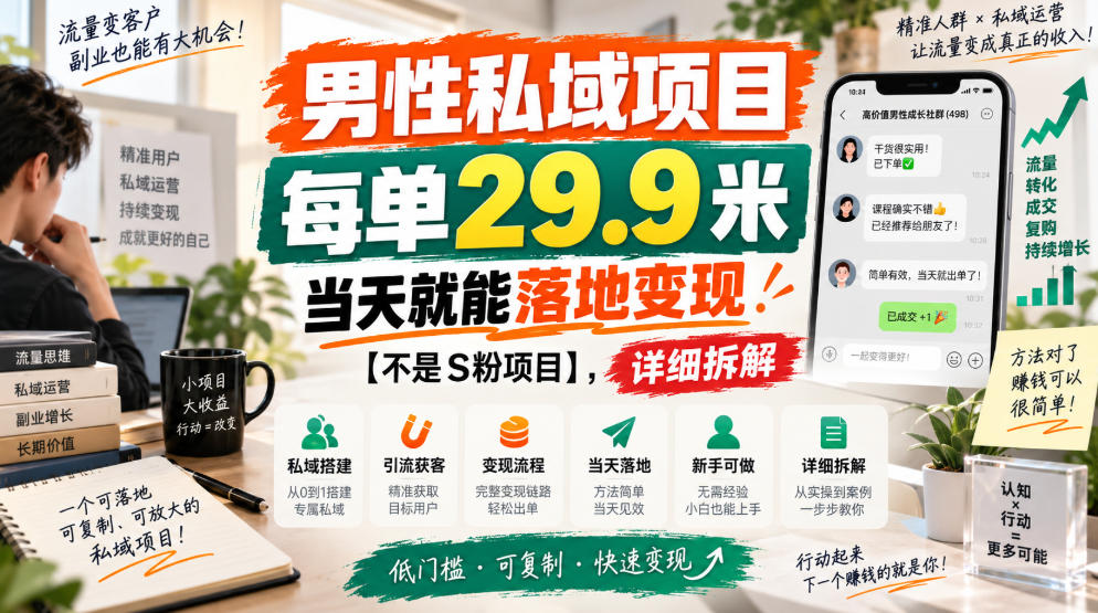 男性私域项目，每单29.9米，当天就能落地变现【不是S粉项目】，详细拆解-吾爱云课堂