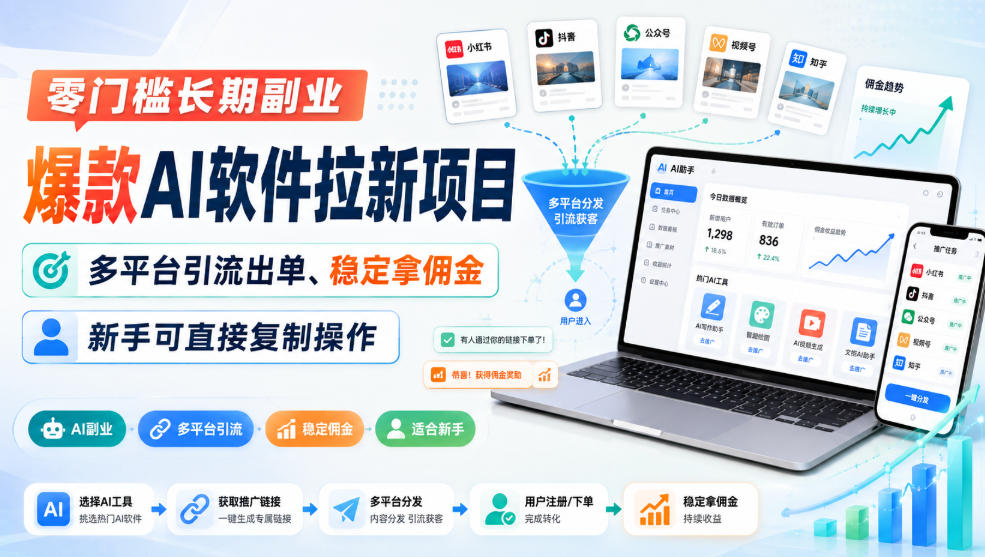 零门槛长期副业，爆款AI软件拉新项目，多平台引流出单、稳定拿佣金，新手可直接复制操作-吾爱云课堂