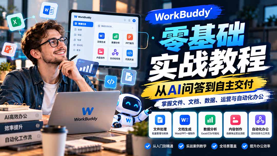 WorkBuddy零基础实战教程：从AI问答到自主交付，掌握文件、文档、数据、运营与自动化办公-吾爱云课堂