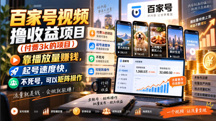 百家号视频撸收益项目(付费3k的项目)，靠播放量賺钱，起号速度快，不死号，可以矩阵操作-吾爱云课堂