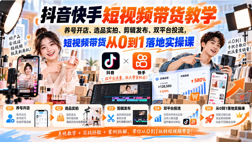 抖音快手短视频带货教学｜养号开店、选品实拍、剪辑发布、双平台投流，短视频带货从0到1落地实操课-吾爱云课堂