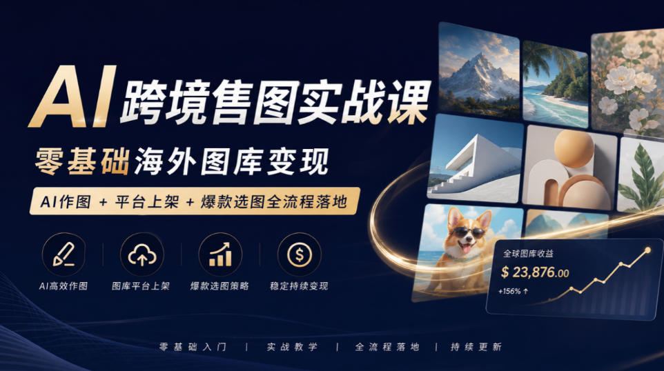 AI跨境售图实战课，零基础海外图库变现，AI作图+平台上架+爆款选图全流程落地-吾爱云课堂