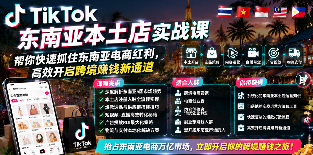 TikTok东南亚本土店实战课，帮你快速抓住东南亚电商红利，高效开启跨境賺钱新通道-吾爱云课堂