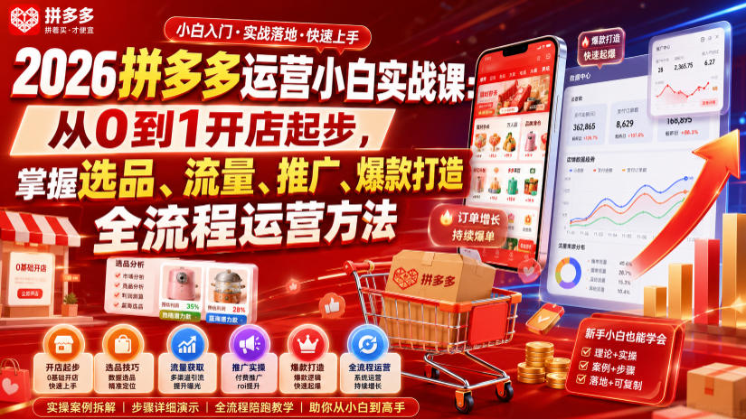 2026拼多多运营小白实战课：从0到1开店起步，掌握选品、流量、推广、爆款打造全流程运营方法-吾爱云课堂