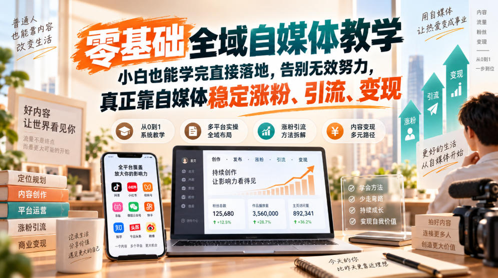 零基础全域自媒体教学，小白也能学完直接落地，告别无效努力，真正靠自媒体稳定涨粉、引流、变现-吾爱云课堂