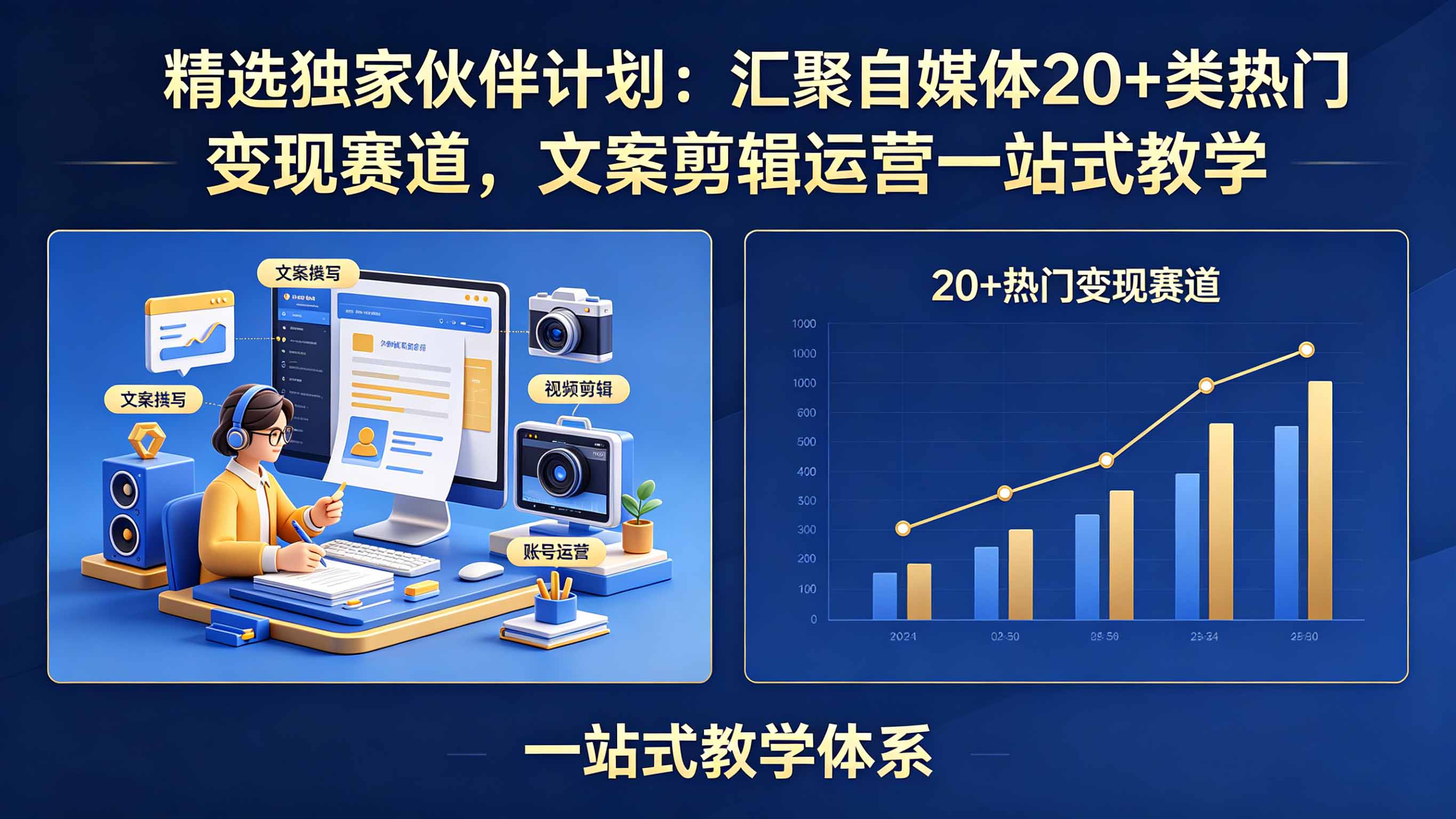 精选独家伙伴计划：汇聚自媒体20+类热门变现赛道，文案剪辑运营一站式教学-吾爱云课堂