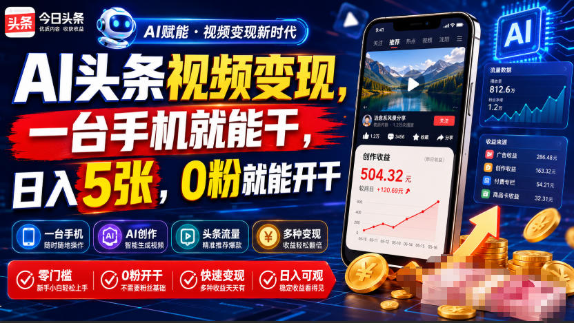 AI头条视频变现，一台手机就能干，日入5张，0粉就能开干-吾爱云课堂