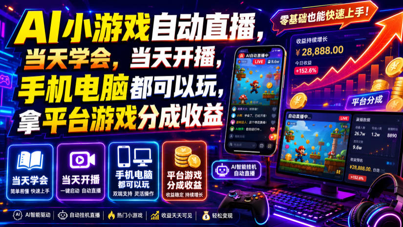 AI小游戏自动直播,当天学会,当天开播,手机电脑都可以玩,拿平台游戏分成收益-吾爱云课堂