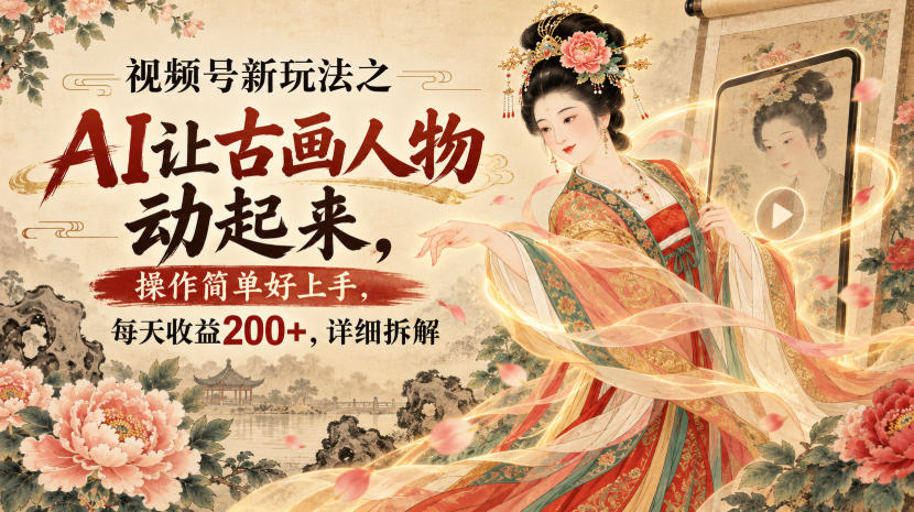 视频号新玩法之AI让古画人物动起来，操作简单好上手，每天收益200+，详细拆解-吾爱云课堂