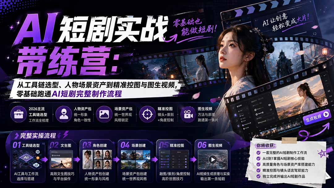 AI短剧实战训练营：从工具链选型、人物场景资产到精准控图与图生视频，零基础跑通AI短剧完整制作流程-吾爱云课堂