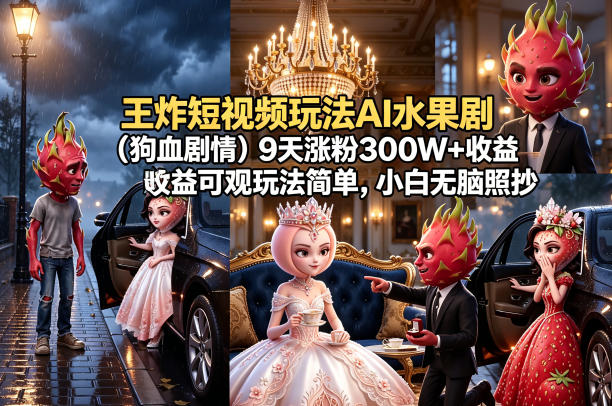 王炸短视频玩法AI水果剧(狗血剧情)9天涨粉300W+收益可观玩法简单，小白无脑照抄，详细拆解玩法-吾爱云课堂
