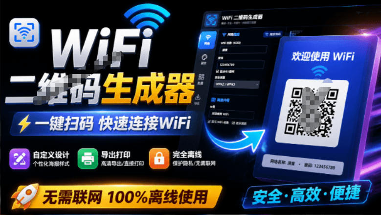 完全离线使用！WiFi二维码生成器，一键扫码快速连接WiFi，支持自定义风格导出WiFi二维码生成器-吾爱云课堂