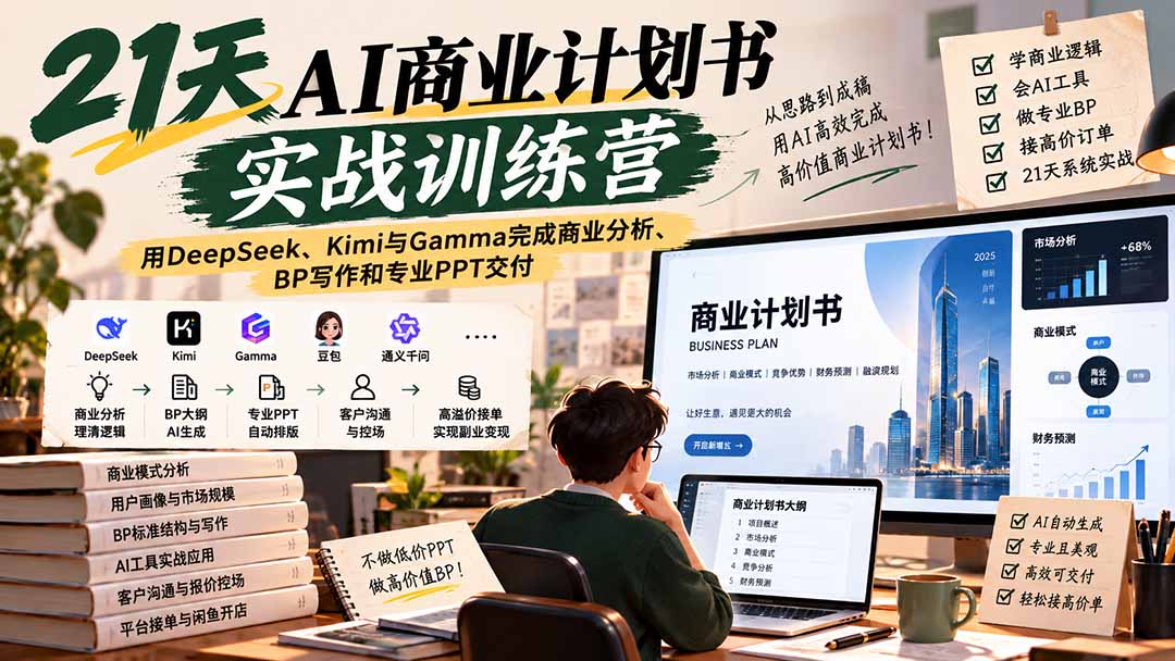 【无水印】21天AI商业计划书实战训练营：用DeepSeek、Kimi与Gamma完成商业分析、BP写作和专业PPT交付-吾爱云课堂