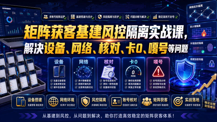 矩阵获客基建风控隔离实战课，解决设备、网络、核对、卡0、嘎号等问题-吾爱云课堂