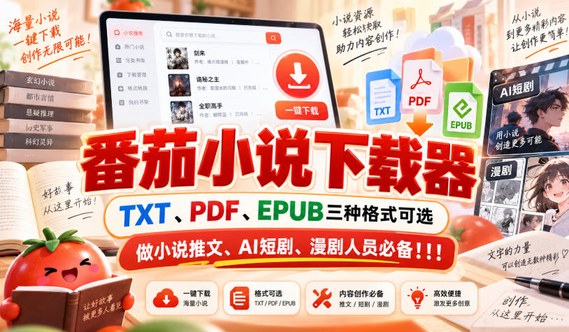 番茄小说下载器，TXT、PDF、EPUB三种格式可选，做小说推文、AI短剧、漫剧人员必备！！！-吾爱云课堂