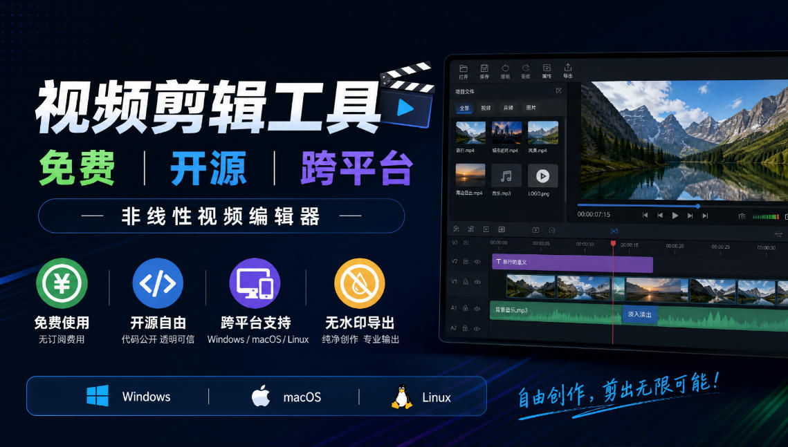 视频剪辑工具，免费、开源、跨平台，非线性视频编辑器，支持Windows、macOS、Linux，无水印、无订阅费用-吾爱云课堂