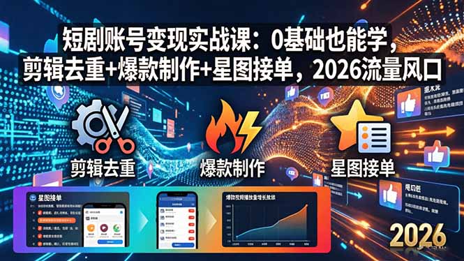 短剧账号变现实战课：0基础也能学，剪辑去重+爆款制作+星图接单，2026流量风口-吾爱云课堂