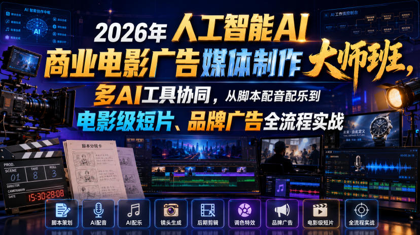 2026年人工智能AI商业电影广告媒体制作大师班，多AI工具协同，从脚本配音配乐到电影级短片、品牌广告全流程实战(中英字幕)-吾爱云课堂