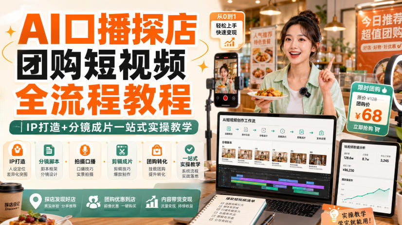 AI口播探店团购短视频全流程教程｜IP打造+分镜成片一站式实操教学-吾爱云课堂