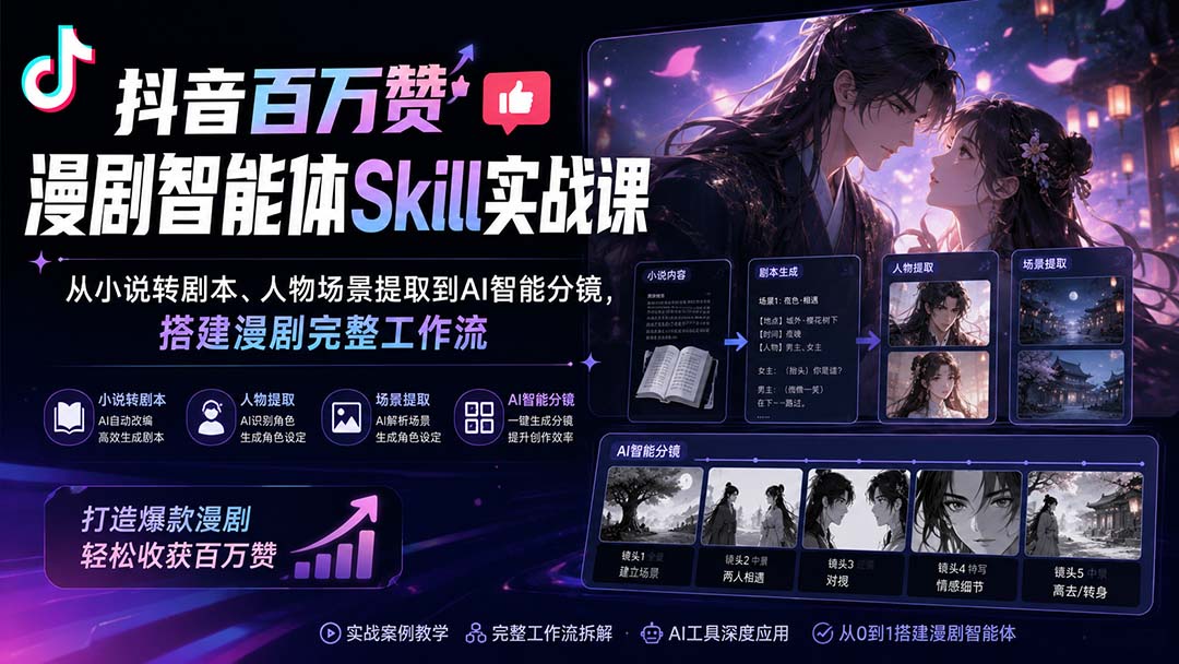 抖音百万赞漫剧智能体Skill实战课：从小说转剧本、人物场景提取到AI智能分镜，搭建漫剧完整工作流-吾爱云课堂