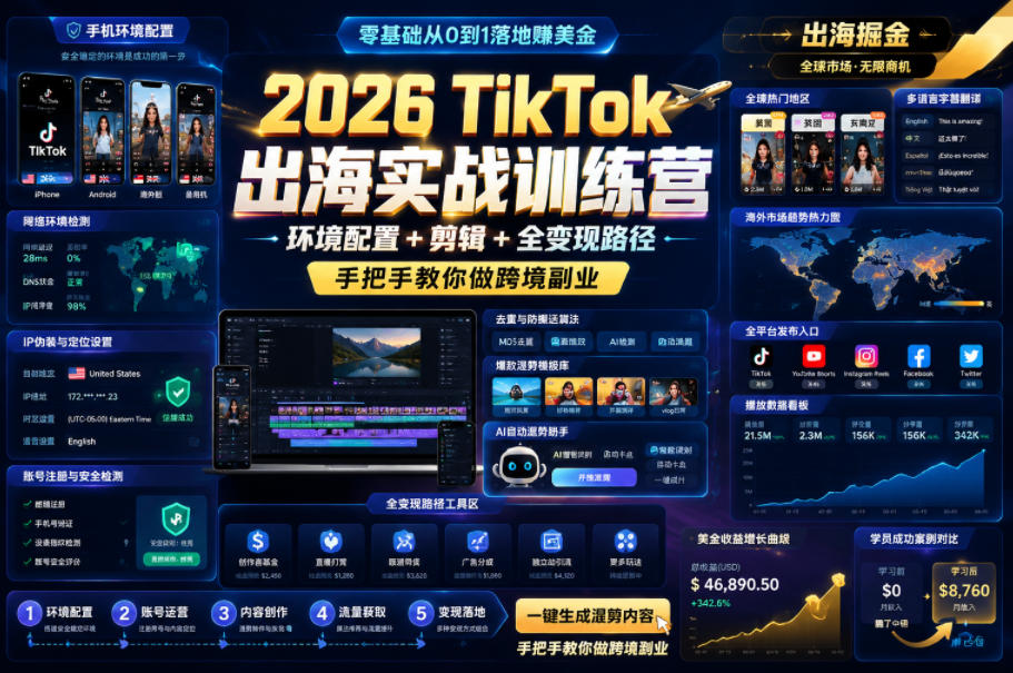 2026 TikTok出海实战训练营，环境配置 + 剪辑 + 全变现路径，手把手教你做跨境副业-吾爱云课堂