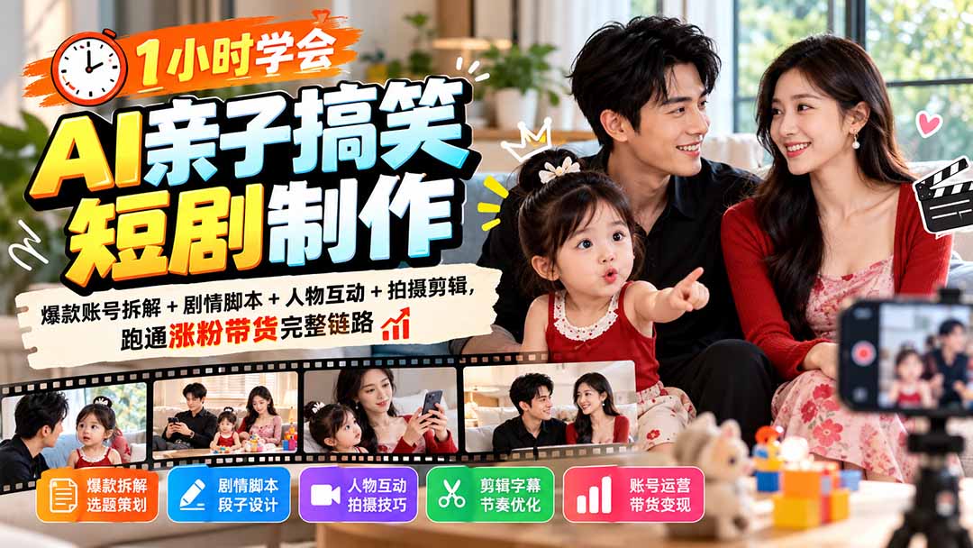 1小时学会AI亲子搞笑短剧制作：爆款账号拆解+剧情脚本+人物互动+拍摄剪辑，跑通涨粉带货完整链路-吾爱云课堂
